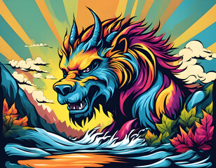 colorful river mythical beast with cool isolated pop art style background