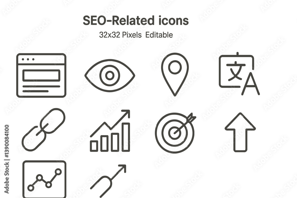 Aufkleber vector icons representing seo concepts with arrow, graph, and target for digital marketing strategie