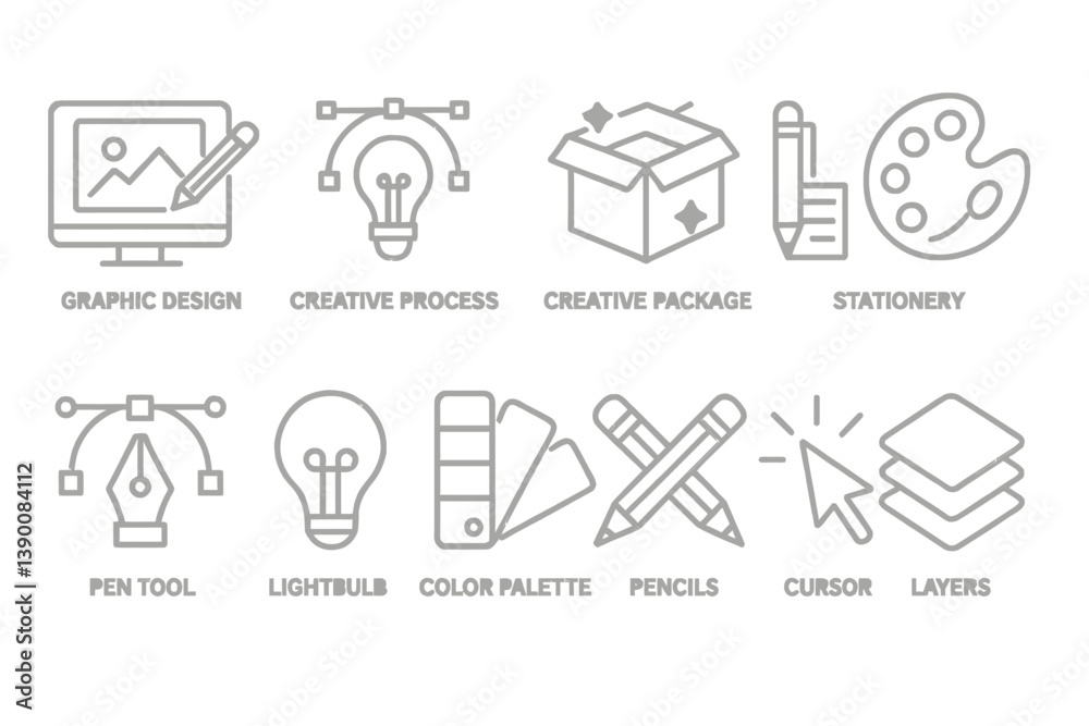 Aufkleber Vector icons representing various aspects of graphic design and creativity including tools, processes, and stationery elements
