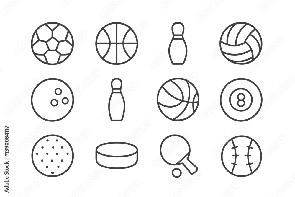 Poster line vector icon collection of various sports balls and equipment arranged in a grid format for educ