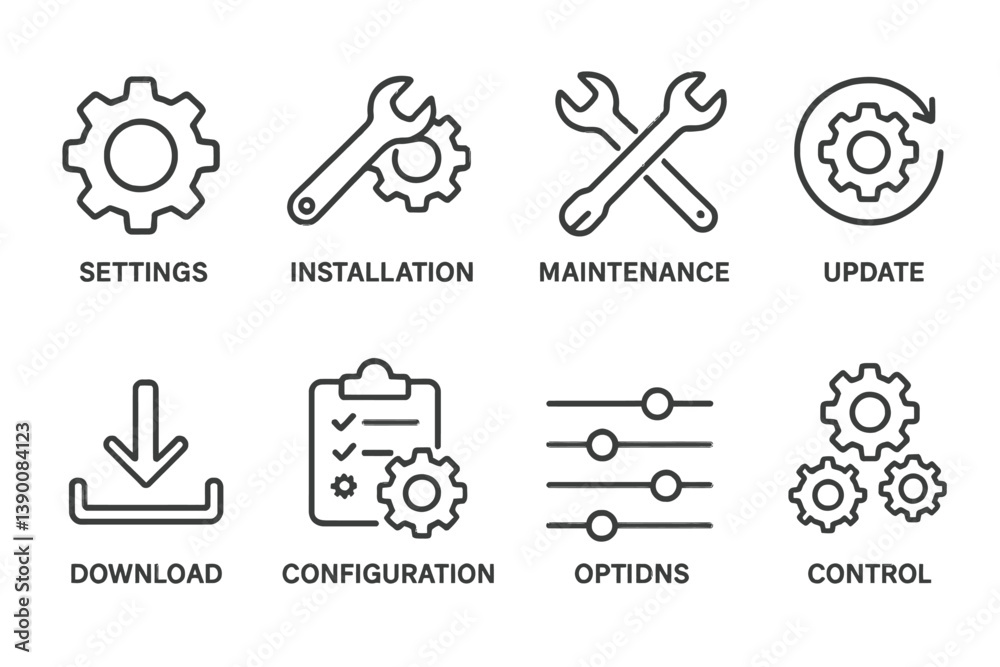 Poster vector icons representing settings, installation, maintenance, update, and control in a minimalist d