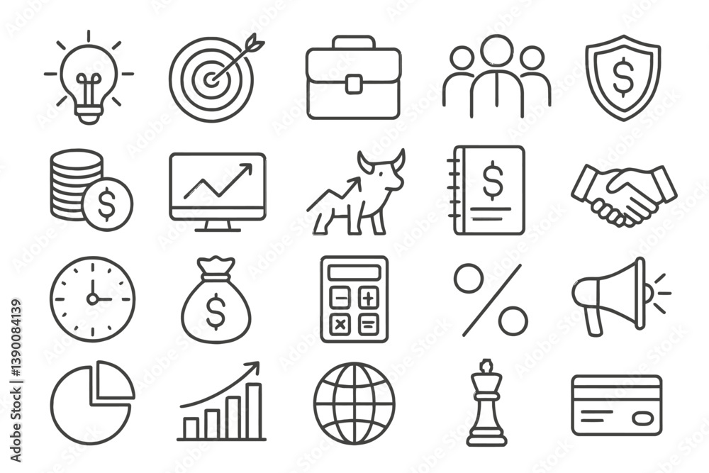 Poster Collection of business and finance line vector icons depicting key concepts and activities in the corporate world