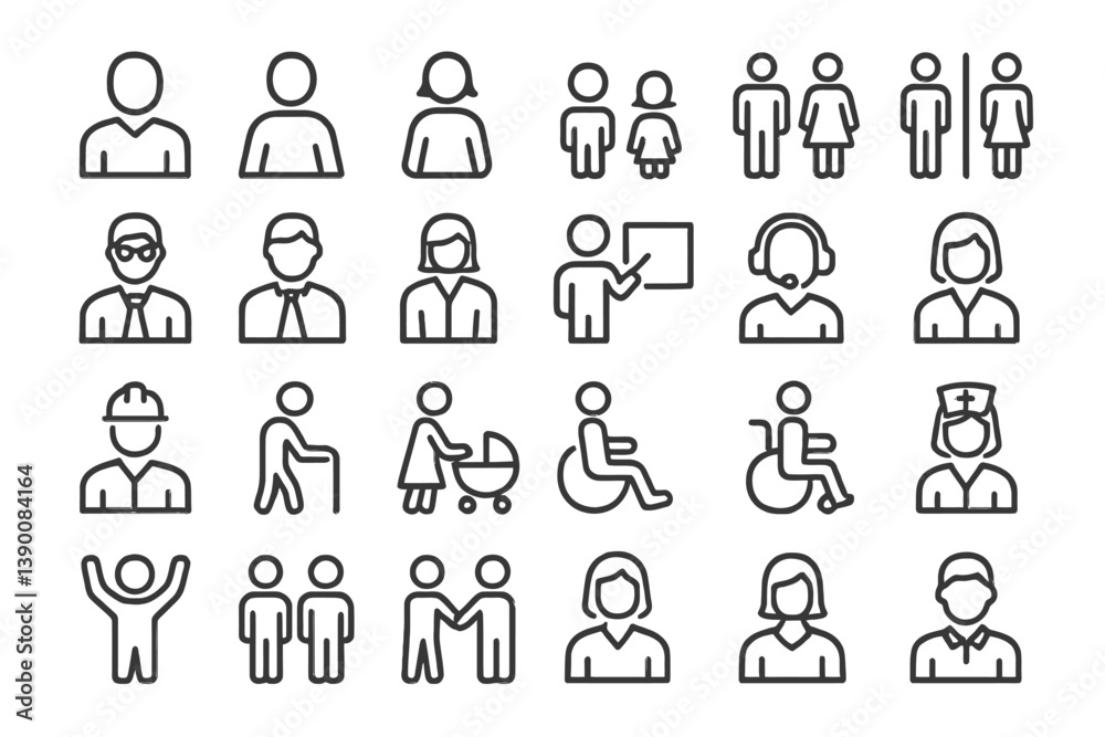 Poster diverse line vector icons depicting various professions, activities, and individuals in different se