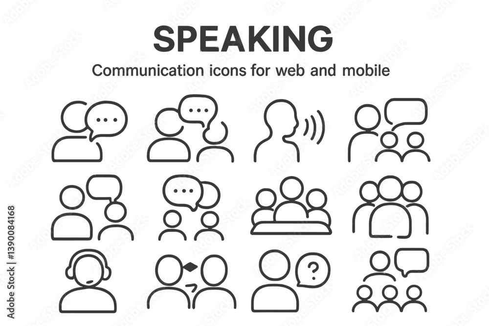 Fototapete Collection of line vector icons depicting communication and interaction in various settings
