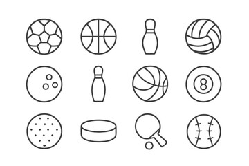 Line vector icon collection of various sports balls and equipment arranged in a grid format for educational or recreational use