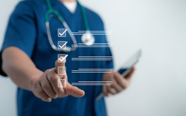 Medical professional interacting with digital checklist interface for healthcare planning and task...