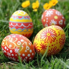 Three vibrant Easter eggs nestled in green grass create a festive spring scene.