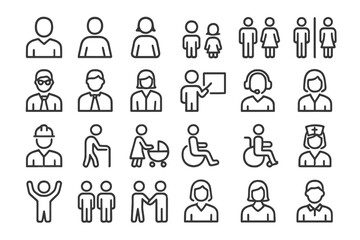 Diverse line vector icons depicting various professions, activities, and individuals in different settings