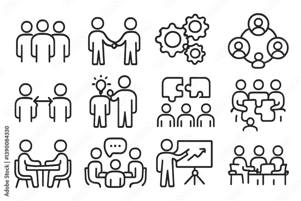 Poster collection of vector icons representing teamwork, collaboration, and communication activities in a p