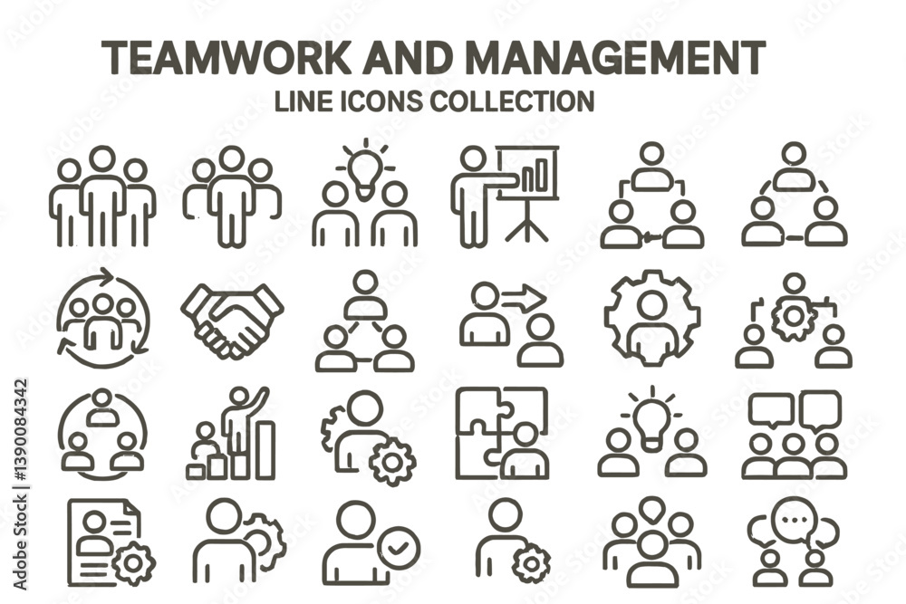 Aufkleber Collection of line vector icons depicting teamwork, management, and collaborative activities in various contexts