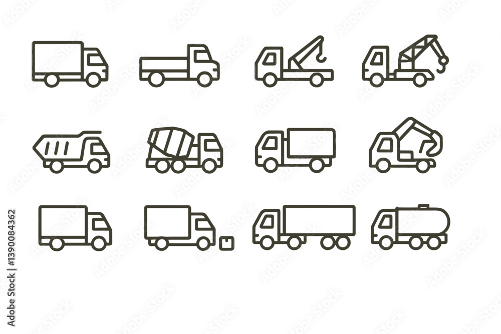 Poster line vector icons depicting various types of trucks used in construction and transportation activiti