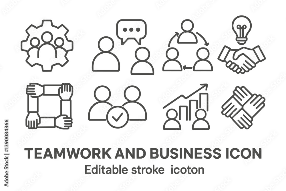 Leinwandbilder Collaboration and partnership icons featuring teamwork, discussion, and problem-solving in a linear vector style