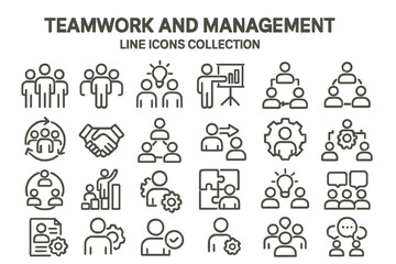 Collection of line vector icons depicting teamwork, management, and collaborative activities in various contexts