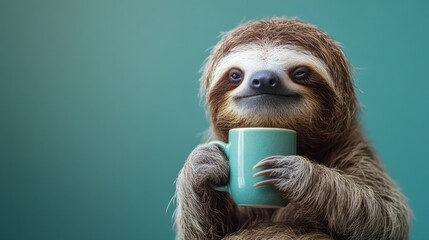 Fototapeta premium Cute sloth holding a coffee mug in a tranquil setting enjoying a moment of relaxation with playful expression
