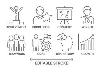 Vector icons representing achievement, success, strategy, teamwork, and growth in a corporate setting for motivational and educational purposes