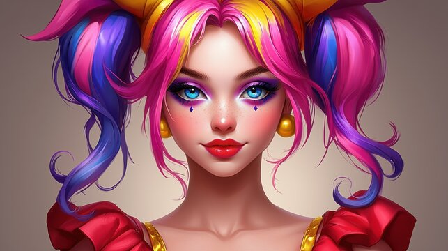 Female jester with pink, yellow, and purple hair. Bright blue eyes, vibrant makeup. Game character in a casino theme
