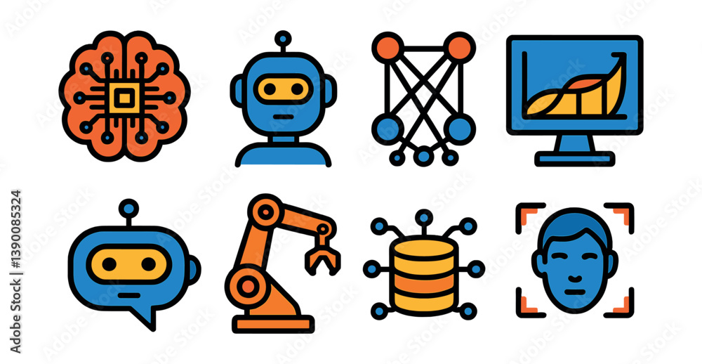 Poster artificial intelligence and robotics icon set in flat style for technology and automation projects