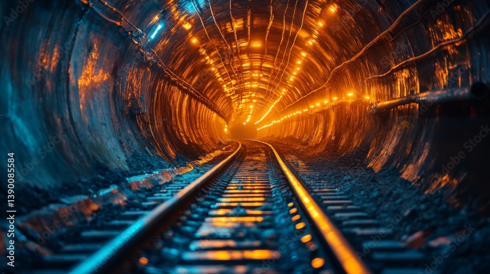 Poster a well lit underground tunnel used for mining activities shows tracks leading into the distance. the