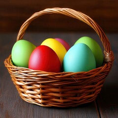 A vibrant basket filled with colorful Easter eggs on a rustic table.