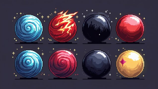 Pixel Art Elemental Spheres Fire Water Earth Air Game Assets Magic Balls