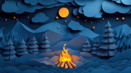 Paper Art Scene of Nighttime Camping with Fire and Mountains in Colorful Blue and Yellow Tones