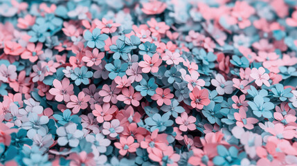Obraz premium A digital illustration of a flower field with pink and blue flowers.