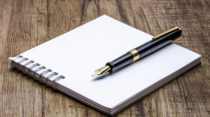 Fountain pen on spiral notebook with wooden background
