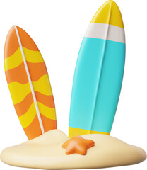 3D illustration of two surfboards stuck in the sand on the beach, next to a starfish.