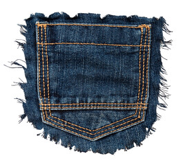 Piece of torn denim on a white background. Denim texture. Pocket