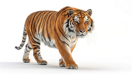 Obraz premium A majestic tiger walking with confidence against a light background.