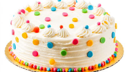 Delicious Birthday Cake with Smooth White Frosting and Vibrant Multicolored Polka Dot Decorations
