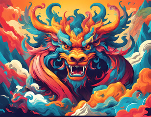 colorful Chaos, the ancient Chinese mythical beast with cool isolated pop art style background