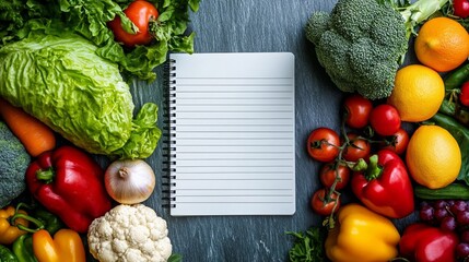 Blank notebook surrounded by fresh colorful vegetables and fruits on dark surface