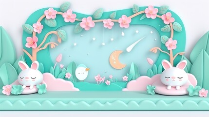 Cute cartoon bunnies dream sweetly under blossoms and a crescent moon