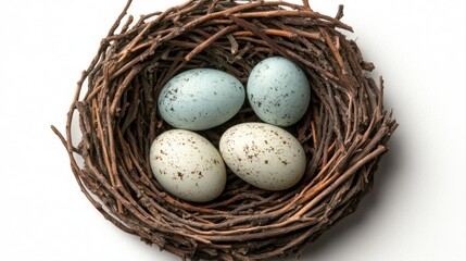 Beautiful Nest with Blue and Speckled Eggs on a Light Background Surrounded by Twigs and Natural Materials