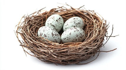 Obraz premium Natural bird nest with speckled eggs isolated on white background for wildlife and nature themes