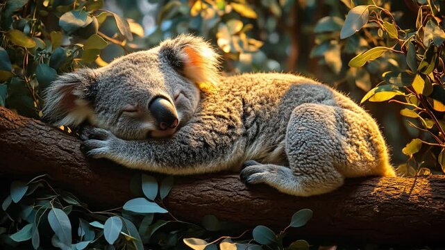 Single koala peacefully sleeping in the crook of a eucalyptus tree, surrounded by a lush forest background. Suitable for marketing or business purposes