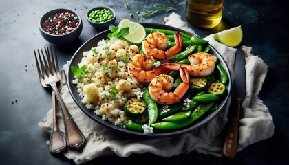 Grilled Shrimp with Cauliflower Rice and Snap Peas