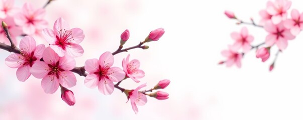 Bright watercolor botanical illustration of pink cherry blossom branches, pink, branches, plant