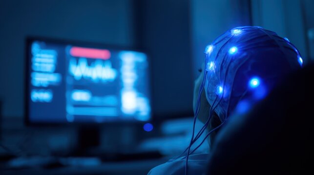 In a dimly lit room, an individual undergoes a neurofeedback training session, wearing a cap with sensors. A monitor displays brain wave data, indicating the training progress