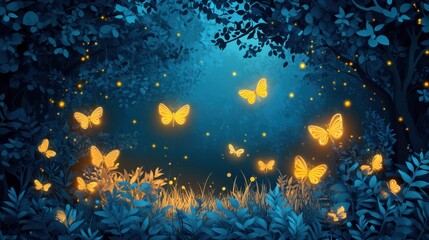 Magical forest scene with glowing butterflies and ethereal lights illuminating lush foliage at twilight