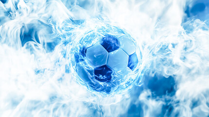 Naklejka premium Dynamic Soccer Ball Engulfed in Electrifying Blue Flames on a Crisp White Background