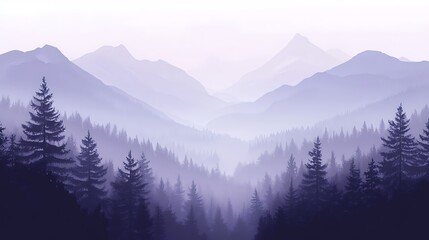 Obraz premium Misty purple mountain range with evergreen forest.