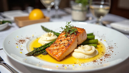 Grilled salmon with mashed potatoes and asparagus
