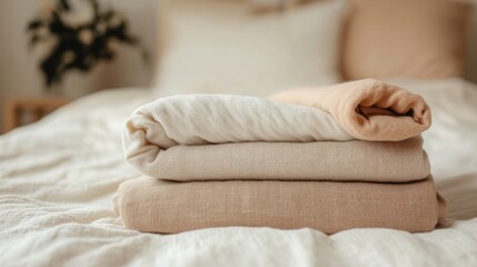 Soft and Cozy Bed Linen Stacked Neatly on a Tranquil Bedroom Setting with Neutral Tones and Natural Light