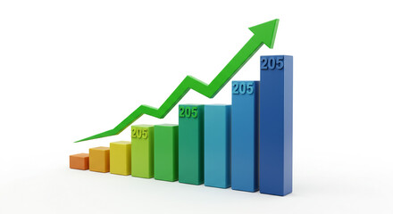 A vibrant upward trend showcasing impressive growth and prosperity, depicted with a dynamic green arrow soaring above colorful bars against a clean white background.