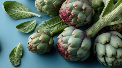 Fototapeta premium Vibrant green artichokes arranged artistically on a blue background, emphasizing their unique shapes, colors, and textures that appeal to culinary enthusiasts and artists alike.
