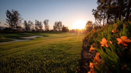 Bright sunset illuminates a lush golf course with manicured greens and blooming flowers lining the fairway. The tranquil atmosphere invites relaxation and enjoyment of nature