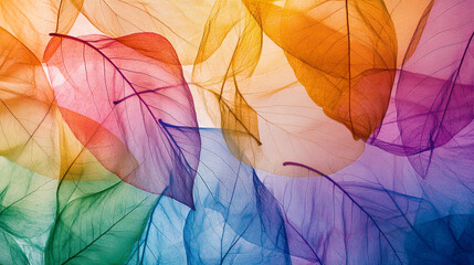 
A collection of translucent leaves in vibrant colors like pink, orange, yellow, and blue, arranged artistically with visible veins, showcasing an abstract and delicate design.
