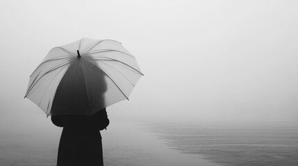 Solitary Figure with Transparent Umbrella in Misty Landscape on a Gloomy Day